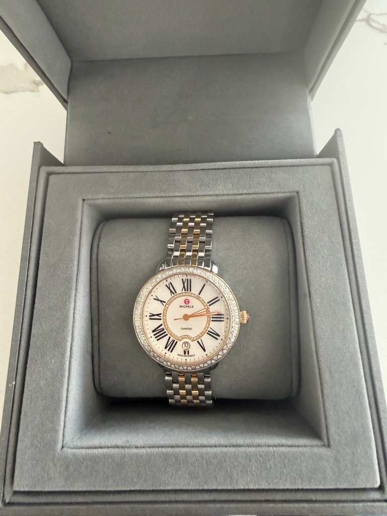 Michele TwoTone Silver And Gold Diamond Bezel Watch With White Dial